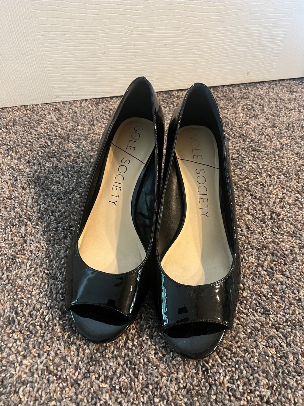 Sole Society Black Patent Peep-Toe Wedge Pumps